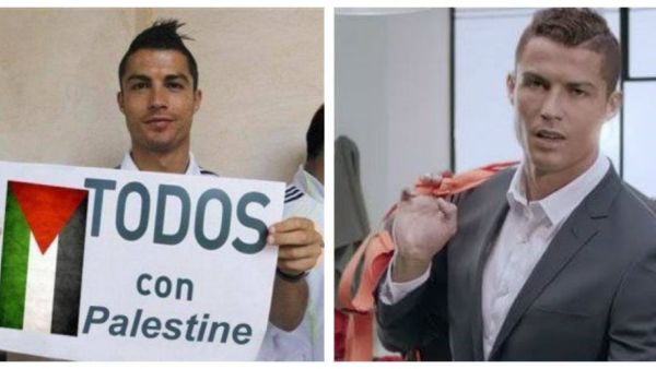 Cristiano Ronaldo pictured (left) with a pro-Palestinian poster and (right) in an Israeli commerical. (Twitter)