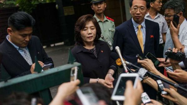 North Korean Talks Deputy Representative Choe Son Hui (C) speaks to the media at the gates of North Korea's Embassy in Beijing. (AFP/ File Photo)