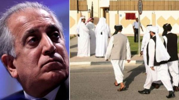 المبعوث الأمريكي الخاص زالماي خليلزاد، وأعضاء وفد مفاوض عن حركة "طالبان" في قطر
