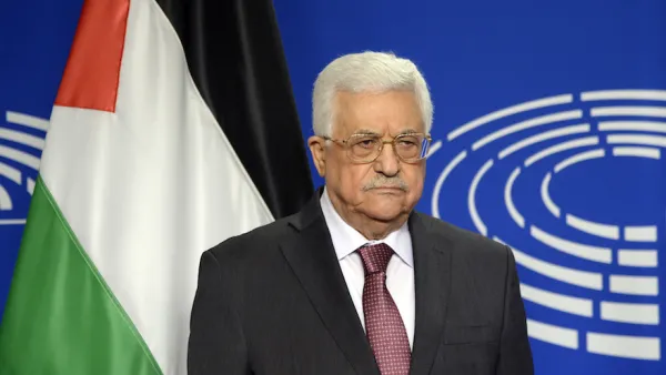 Palestinian Authority President Mahmoud Abbas posing for photographs at the European Parliament in Brussels. (AFP/ File)
