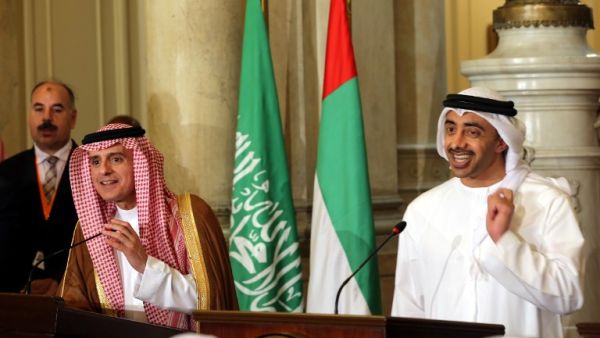 UAE Minister of Foreign Affairs and International Cooperation Abdullah bin Zayed Al-Nahyan (R) talks to reporters as he stands next to Saudi Foreign Minister, during a joint press conference with their Egyptian and Bahraini counterparts, Wednesday July 5. (KHALED ELFIQI / POOL / AFP)