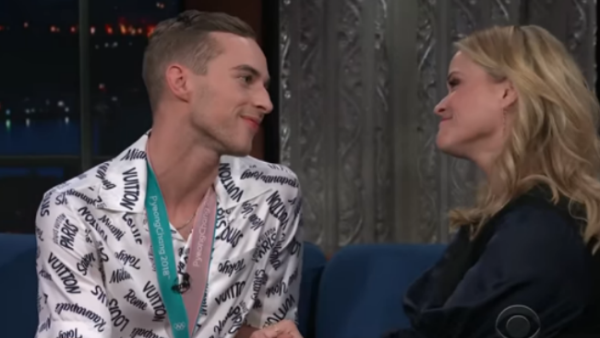 Host Stephen Colbert surprised the actress and brought out Rippon after sharing how the A Wrinkle in Time star previously said on Twitter that the athlete was the number one reason to watch the Winter Olympics.
 (Source: The Late Show with Stephen Colbert - Youtube)