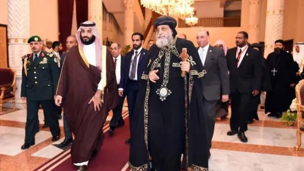 Different era. Coptic Orthodox Pope Tawadros II (C-R) and Saudi Crown Prince Mohammed bin Salman bin Abdulaziz (C-L) at the Cathedral of Abbasiya in Cairo, last March. (AFP)