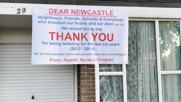 A banner hangs outside the house of Aiyedh Al-Shahrani. (Twitter)