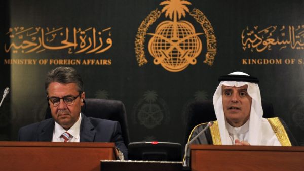 Saudi Foreign Minister Adel al-Jubeir (R) gives a press conference with his German counterpart Sigmar Gabriel in the Red Sea resort of Jeddah on July 3, 2017. (Stringer/AFP)