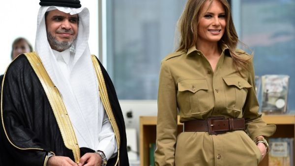 No hijab to see here: First Lady Melania Trump stands next to Saudi Education Minister Ahmad al-Essa during a visit to the American International School in the Saudi capital Riyadh on May 21, 2017. (Giuseppe Cacace/AFP)