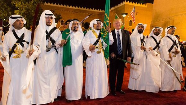 Saudi King Salman and US President Trump take part in the traditional ardah dance at the Murabba Palace (Wikipedia)