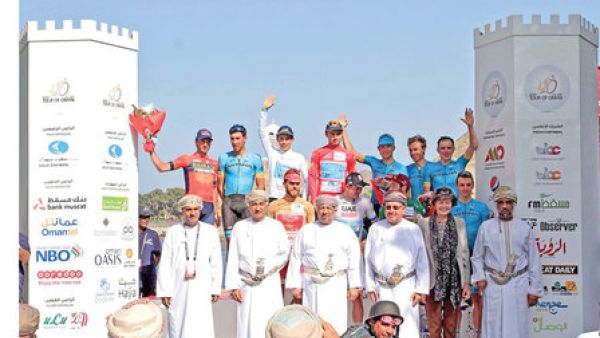 L-R: Keith Pelley, Sayyidah Rawan al Said, H H Shihab bin Tariq al Said, Joost Luiten with trophy and Ahmed al Musalmi at the awards ceremony (Photo: Muscat Daily)