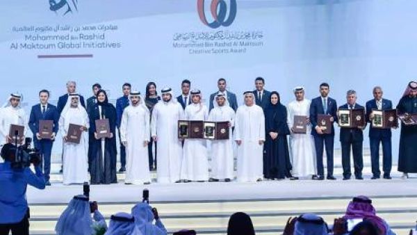 Shaikh Hamdan bin Mohammed bin Rashid Al Maktoum along with Shaikh Ahmed bin Mohammed bin Rashid Al Maktoum, Matar Al Tayer, pose for the picture with the winners during the 9th Mohammed bin Rashid Creative Sports Awards at Dubai World Trade Centre.