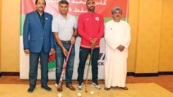 L-R: Tayyab Ikram, Tahir Zaman, Oman goalie Fahad al Noufali and Talib al Wahaibi