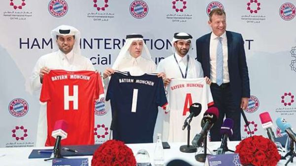 From left: HIA Chief Operating Officer, Badr Mohammed al-Meer, Qatar Airways Group Chief Executive, Akbar al-Baker, Supreme Committee for Delivery & Legacy Secretary General, Hassan al-Thawadi and FC Bayern Munich Executive Board Member, Andreas Jung reveal Bayern’s new jersey at Hamad International Airport. (Photo: Noushad Thekkayil)