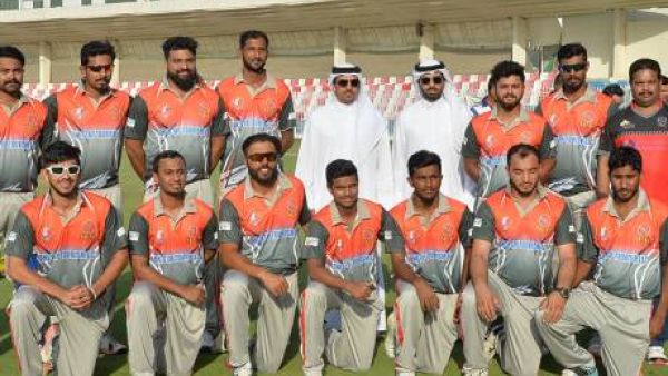 The Bukhatir XI team which won the opening match of the One Stop Tourism 43rd Bukhatir Premier League at the Sharjah Cricket Stadium with Waleed Bukhatir and Khalaf Bukhatir. (Photo: SCC)