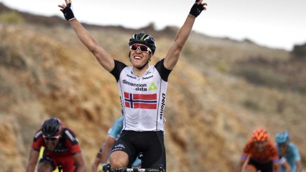 Novegian Edvald Boasson Hagen of Dimension Data team celebrates on the finish line as he wins the second stage of seventh cycling Tour of Oman between the Omantel head office on the outskirts of Muscat and Qurayyat on February 17, 2016.
Eric Feferberg / AFP
