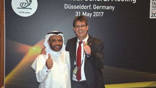 Qatar Table Tennis Association President Khaleel al-Mohannadi (left) with ITTF President Thomas Weikert. (Photo: Gulf Times)