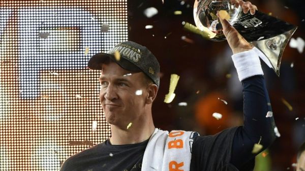 Peyton Manning of the Denver Broncos celebrates with the Vince Lombardi Trophy after Super Bowl 50 at Levi's Stadium in Santa Clara, California February 7, 2016. The Broncos beat the Carolina Panthers 24-10.