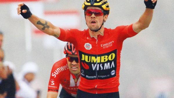 Primoz Roglic of Team Jumbo — Visma celebrates as he crosses the finish line at the top of Jebel Jais at the end of Stage 6 between Ajman and Jebel Jais. (Photo: Floyd Gonsalves/Gulf News)