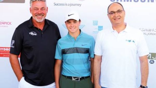 Rising Jordanian star Shergo Kurdi with Darren Clarke and Sahl Dudin, Managing Director of Ayla Golf Club. (Photo: Organizer)