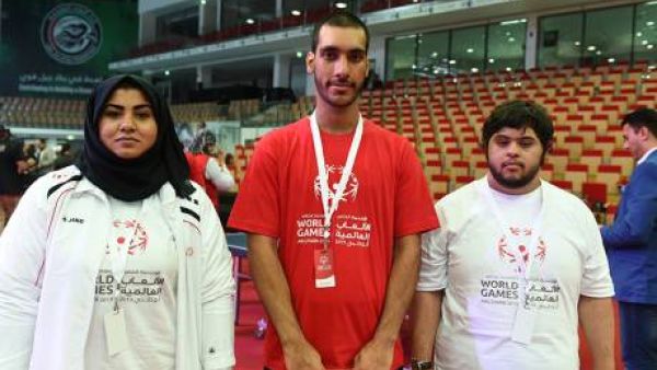 From left: Zakiia Ahmad, badminton player, Mohammad Tajer, karate and horseback riding participant and Saleh Al Merri bowling player at the IPIC Arena at Zayed Sports City on Tuesday. (Photo: Ahmed Kutty/Gulf News)