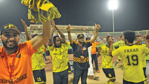 Suwaiq players celebrate the title victory at the SQSC on Thursday (Photo: Rodolfo Alfonso/Muscat Daily)