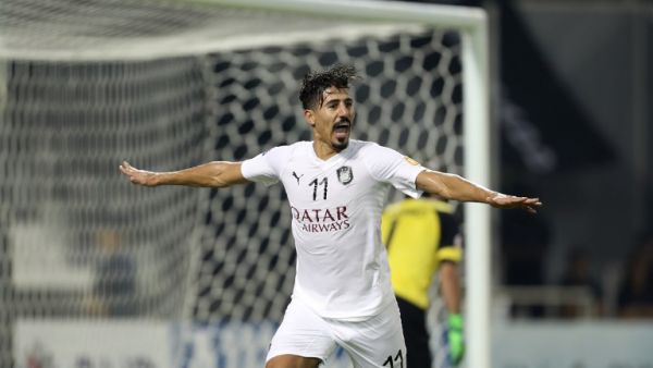 Al-Sadd's Baghdad Bounedjah celebrates during the AFC Champions League quarter final match between Esteghlal FC and Al-Sadd SC at the Jassim Bin Hamad Stadium in Doha on September 17, 2018.
KARIM JAAFAR / AFP