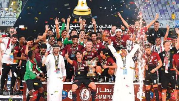 Al Wahda team celebrate after winning the Arabian Gulf Cup title at the Hazza Bin Zayed Stadium on Thursday. They defeated Al Wasl 2-1 in the final to secure the second title in three years. (Photo: Gulf News)