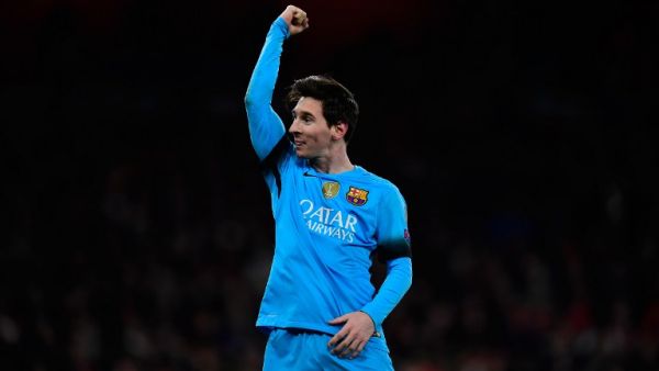 Barcelona's Argentinian forward Lionel Messi celebrates scoring his team's second goal from the penalty spot during the UEFA Champions League round of 16 1st leg football match between Arsenal and Barcelona at the Emirates Stadium in London on February 23, 2016.
Barcelona won the match 2-0.
JAVIER SORIANO / AFP