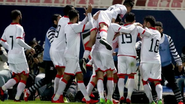Bahrain's players celebrate after scoring a goal from a penalty shot against Yemen during their 2017 Gulf Cup of Nations group match at Al Kuwait Sports Club Stadium in Kuwait City on December 26, 2017.
Yasser Al-Zayyat / AFP