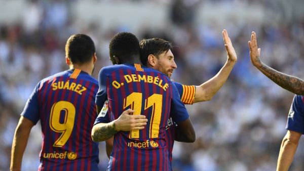 يعول برشلونة على ثلاثي الهجوم المكون من عثمان ديمبيلي وليونيل ميسي ولويس سواريز
