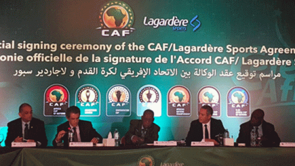 Official signing ceremony of the CAF/Lagardére sports agreement featuring CAF President Issa Hayatou (Photo: @CAF_Online)