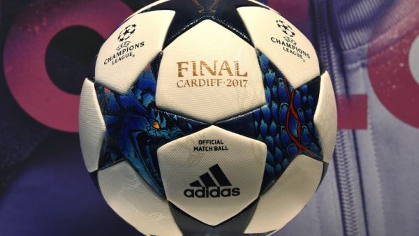 The match ball for the football Champions League final 2017 in Cardiff produced by the German sportswear maker Adidas is on display in the company headquarters in Herzogenaurach, southern Germany, during the annual press conference on March 8, 2017.
Christof STACHE / AFP