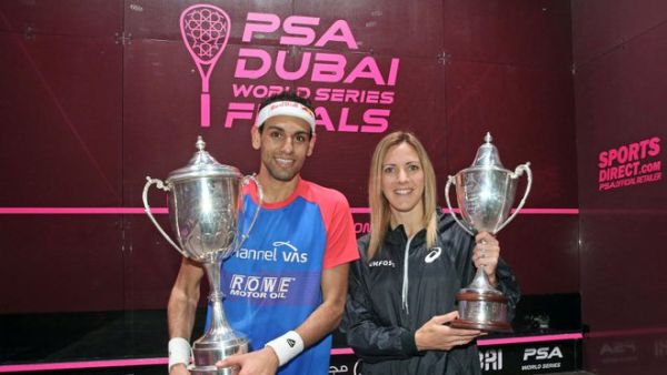 Mohamed Elshorbagy and Laura Massaro with their trophies after winning the men's and women's titles respectively in the PSA Dubai World Series Finals. (AN photo)