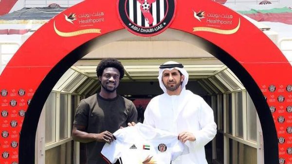 Ghanian winger Ernest Asante (left) with Ayed Mabkhout Al Hajeri, the board member of Al Jazira Football Company and the CEO. - Supplied photo