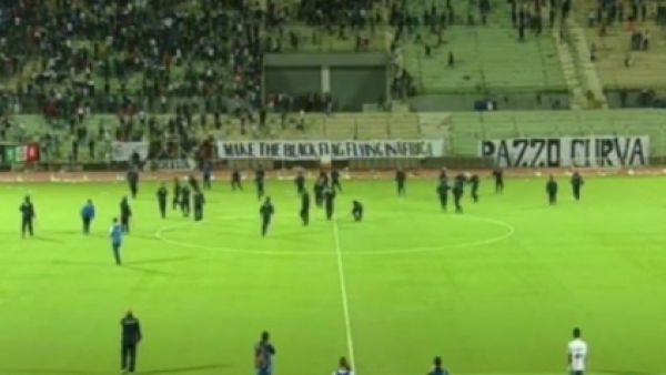 Television screenshot of the Algerian fans invade the pitch during the game against Sundowns in the CAF Champions League on Sunday