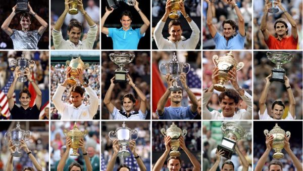 This combination of pictures shows Switzerland's tennis player Roger Federer holding up his 18 Grand Slam titles. 1st row, from left : Australian Open 2017, Wimbledon 2012, Australian Open 2010, Wimbledon 2009, Roland Garros 2009, US Open 2008.
2nd row, from left : US Open 2007, Wimbledon 2007, Australian Open 2007, US Open 2006, Wimbledon 2006, Australian Open 2006.
3rd row, from left : US Open 2005, Wimbledon 2005, US Open 2004, Wimbledon 2004, Australian Open 2004, Wimbledon 2003.
STF / AFP