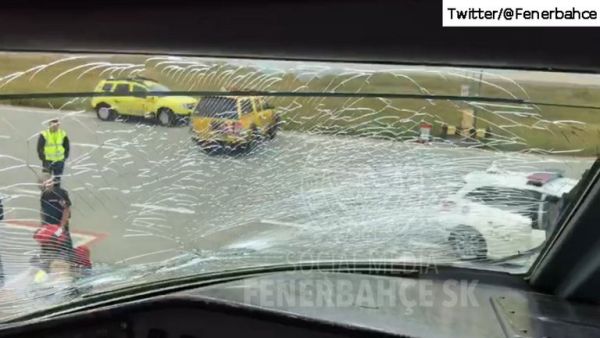 An image on the official Fenerbahce SK Twitter account (@Fenerbahce) shows damage to the cockpit window 