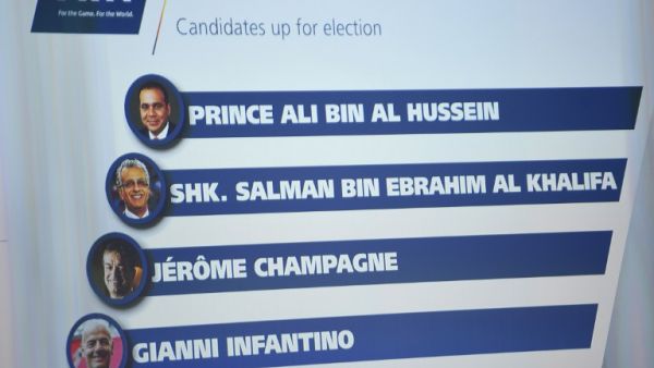 A monitor displays the names of the FIFA presidential candidates (from top) Prince Ali bin al-Hussein, Sheikh Salman bin Ebrahim al-Khalifa, Jerome Champagne and Gianni Infantino after Tokyo Sexwale withdrew his candidacy during the extraordinary FIFA Congress in Zurich on February 26, 2016. AFP PHOTO / OLIVIER MORIN
OLIVIER MORIN / AFP