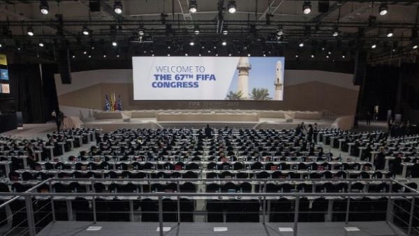 A picture taken on May 11, 2017 in the Bahraini capital Manama shows the conference hall of the 67th FIFA Congress.
JACK GUEZ / AFP