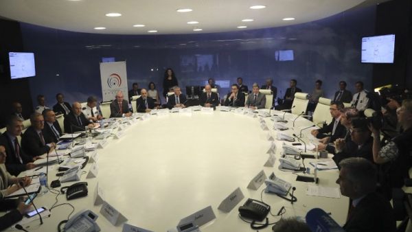 French Interior Minister Bernard Cazeneuve (C) attends a meeting during the opening of the Interministerial crisis centre opened for the entire Euro 2016 football championship in the Interior Ministry in Paris on June 10, 2016. France vowed drastic measures to prevent strikes disrupting Euro 2016 as Europe's showcase football event kicks off on Friday in a gloomy atmosphere worsened by terror fears.
Jacques DEMARTHON / AFP