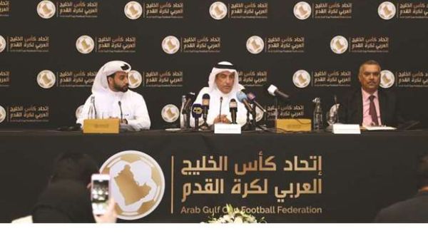 Jassim al-Rumaihi (centre), general secretary of the Arab Gulf Cup Football Federations (AGCFF), and Hamid Alshaibani (right), chairman of the competitions committee, address the press conference after the Gulf Cup draw ceremony yesterday. (Photo: Gulf Times)