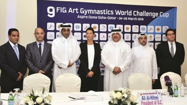 President of the Qatar Gymnastics Federation Ali al-Hitmi (third right) along with other officials at the announcement of the 9th Artistic Gymnastics World Cup Challenge Cup, which will be held at the Aspire Dome from March 24th to 26th (source: Gulf Times)

