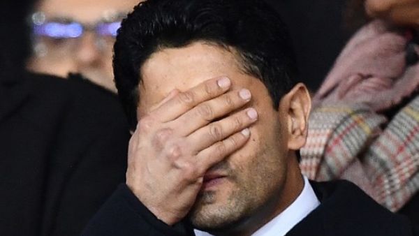 Paris Saint-Germain's Qatari president Nasser Al-Khelaifi (L) gestures during the UEFA Champions League round of 16 second leg football match between Paris Saint-Germain (PSG) and Real Madrid on March 6, 2018, at the Parc des Princes stadium in Paris.
FRANCK FIFE / AFP