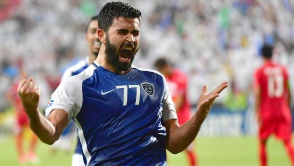 Al Hilal's forward Omar Khribin celebrates after scoring during the first leg of their AFC Champions League semi-final football match at the Mohammed Bin Zayed Stadium in Abu Dhabi on September 26, 2017.
GIUSEPPE CACACE / AFP
