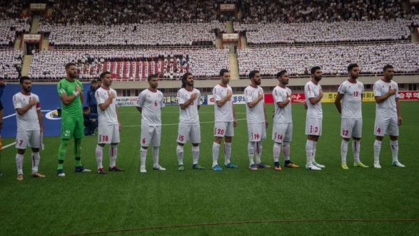 Members of Lebanon's team stand for the anthem prior to their Group B 2019 AFC Asian Cup third round qualification football match against North Korea at Kim Il Sung Stadium in Pyongyang on September 5, 2017. The score at full time was 2:2.
KIM Won-Jin / AFP
