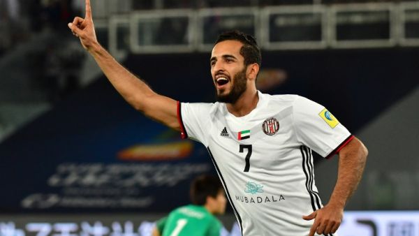 Al-Jazira's Emirati forward Ali Mabkhout celebrates after scoring a goal against Urawa Reds during their FIFA Club World Cup quarter-final match at Zayed Sports City Stadium in the Emirati capital Abu Dhabi on December 9, 2017.
GIUSEPPE CACACE / AFP