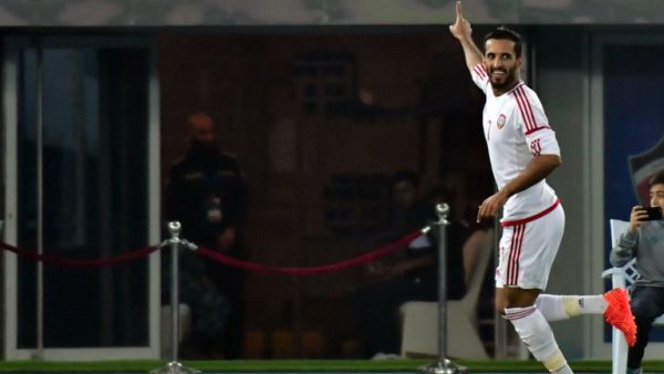 Emirates' Ali Mabkhout celebrates after scoring during their 2017 Gulf Cup of Nations football match between UAE and Oman at the Sheikh Jaber al-Ahmad Stadium in Kuwait City on December 22, 2017.
GIUSEPPE CACACE / AFP