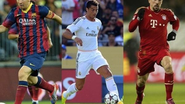 الثلاثي المتنافس على جائزة الكرة الذهبية (ريبيري ورونالدو وميسي)