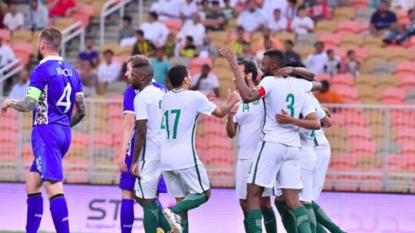 The Saudi Arabia players celebrate one of their goals against Moldova. (Photo: @SaudiFF)