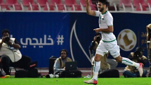 Iraq's forward Mohannad Abdul-Raheem celebrates after scoring a goal against Bahrain during their 2017 Gulf Cup of Nations football match at the Kuwait Stadium in Kuwait City on December 23, 2017.
GIUSEPPE CACACE / AFP