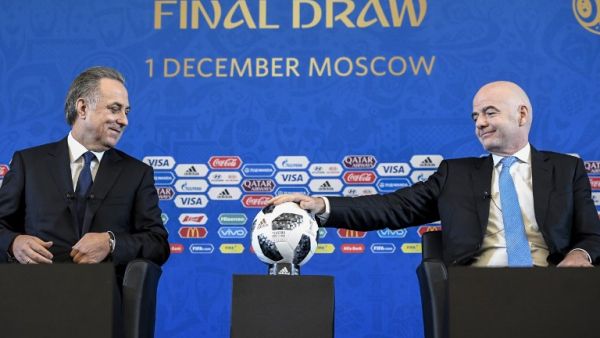 FIFA president Gianni Infantino (R) and Russian deputy prime minister Vitaly Mutko give a press conference prior to the Final Draw for the 2018 FIFA World Cup football tournament in Moscow on December 01, 2017.
Alexander NEMENOV / AFP