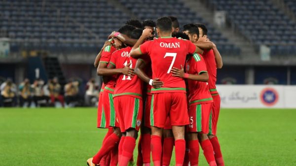 Oman's players celebrate after scoring a goal during the 2017 Gulf Cup of Nations semi-final football match between Oman and Bahrain at the Sheikh Jaber al-Ahmad Stadium in Kuwait City on January 2, 2018.
GIUSEPPE CACACE / AFP